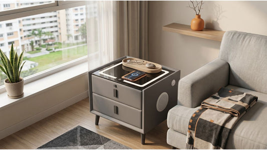 Smart tempered glass side table with drawers beside a grey sofa in a modern Singapore living room