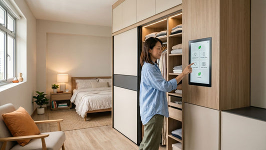 Smart wardrobe with touchscreen control panel and built-in lighting in a modern Singapore bedroom
