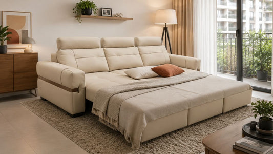 Beige sofa bed styled in a modern Singapore living room with warm neutral decor, soft daylight, and practical space planning for HDB or condo homes.