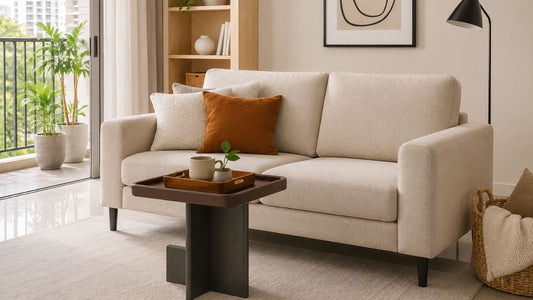 Beige sofa bed in a bright Singapore condo living room with balcony plants, warm wood accents, and neutral cushions for humid climate furniture care