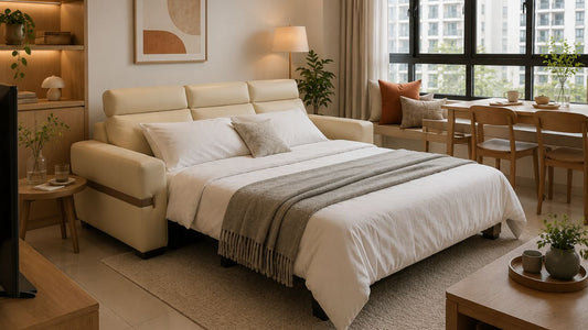 Cream pull-out sofa bed fully opened in a compact Singapore HDB or condo living room with warm wood furniture and practical walking space