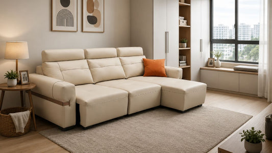 Cream sofa bed in a modern Singapore multi-use guest room with warm wood storage, home office corner, and natural daylight