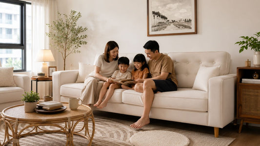 Cream tufted sofa and armchair in a modern Singapore TV room, showing practical sofa placement for HDB and condo homes.