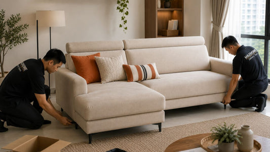 Sofa delivery and installation in a Singapore home with movers carefully setting up a beige sectional sofa in a modern living room.