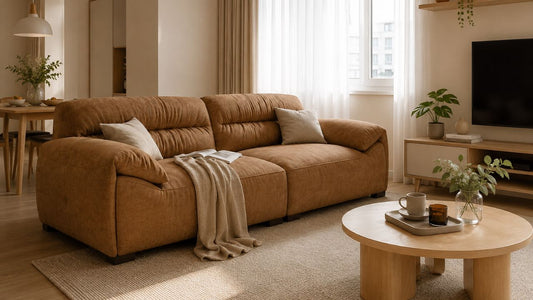 Brown cushioned sofa in a warm Singapore living room showing comfortable seating and practical sofa foam density support for daily use.
