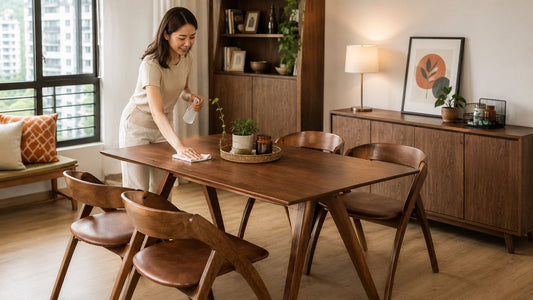 Woman cleaning a solid wood dining table in a modern Singapore HDB dining room for everyday furniture care.