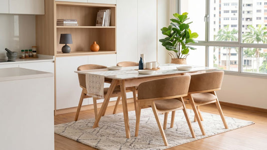 Solid wood dining table with light wood chairs in a warm Singapore open-plan dining room beside a compact kitchen.