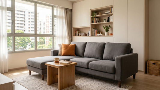 Grey fabric sofa in a Singapore HDB living room, showing how to spot furniture quality red flags before buying.