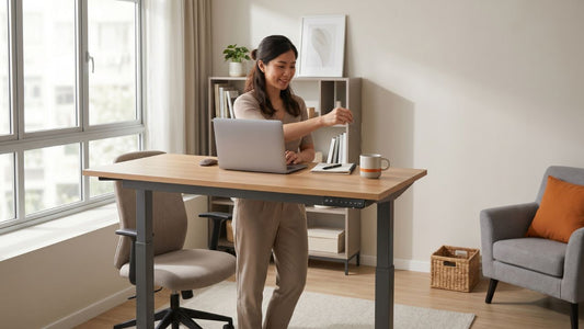 Woman using a standing desk and adjustable desk in a bright Singapore condo home office