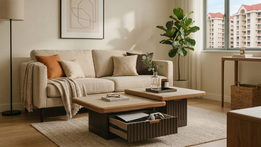 Storage coffee table with drawer in a modern Singapore HDB living room with beige sofa and warm wood tones