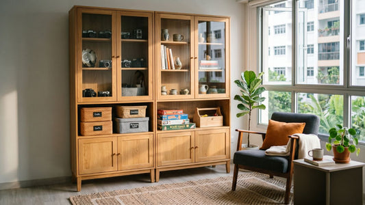 Storage furniture for hobbies and collections in a Singapore home with glass display cabinets, concealed lower storage, labelled baskets, and a cosy reading chair by the window.