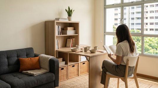 Storage furniture for small Singapore homes with a compact dining table, shelving unit, sofa, and woven baskets in a bright HDB living space