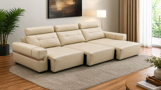 Cream storage sofa bed with built-in compartments in a modern Singapore living room featuring warm wood flooring, neutral decor, and space-saving furniture styling.