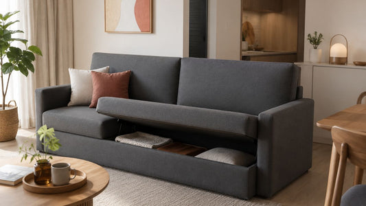 Grey storage sofa bed in a small Singapore apartment living room with warm wood tones, neutral cushions, and practical everyday styling