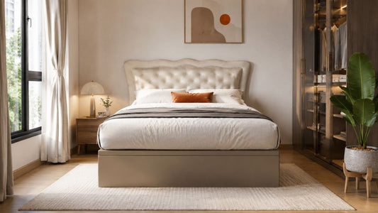 Tall beige upholstered bed frame in a modern Singapore bedroom with wardrobe storage, soft daylight, warm wood tones, and neutral styling.