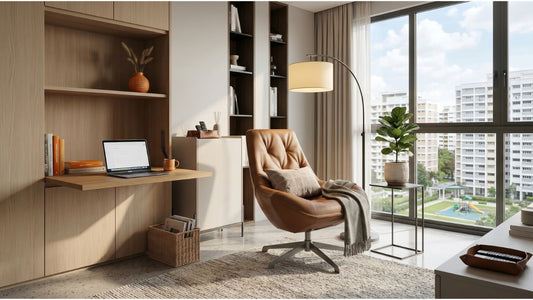 Tan ergonomic office chair with built-in study desk and shelving in a modern Singapore apartment home office