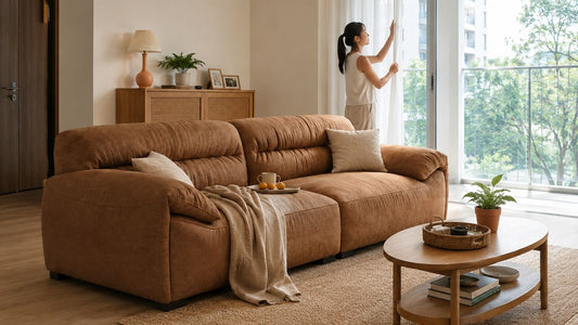 Tan fabric sofa in a bright Singapore condo living room with curtains opened for airflow and humidity care.