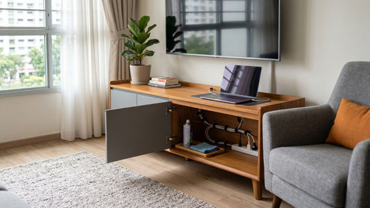TV console with organised cable management and cleaning tools in a Singapore HDB living room