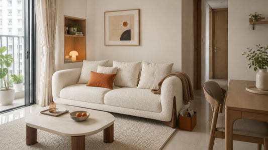 Cream two-seater sofa in a modern Singapore living room with warm wood accents, neutral decor, and compact HDB-friendly layout.
