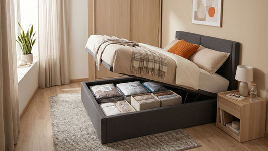 Hydraulic lift bed frame with under-bed storage in a modern Singapore bedroom with wardrobe, bedside table, and natural daylight.