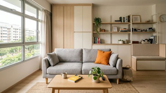 Modern Singapore HDB living-dining area with light wood dining table, bench seating, grey sofa, built-in carpentry storage, and warm neutral styling for custom carpentry vs modular furniture planning.