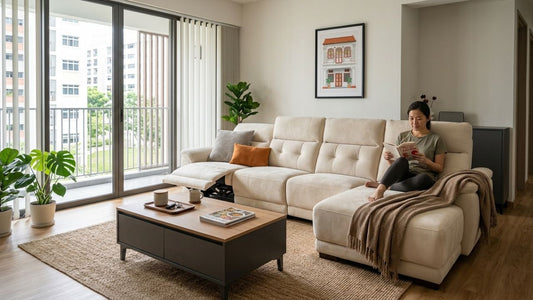 Modern velvet sofa collection in a bright Singapore living room with reclining seats and chaise lounge, showcasing elegant comfort and practical everyday living.