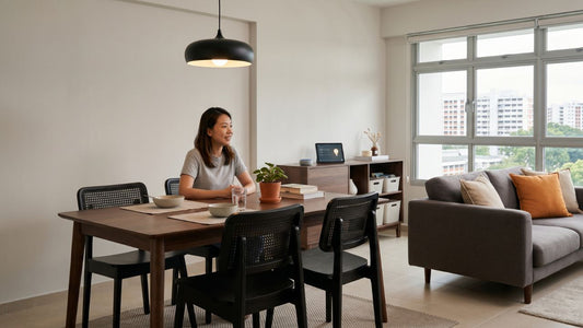 Voice-controlled lighting setup in a modern Singapore living room with grey sofa, smart speaker, wood coffee table and warm floor lamp.