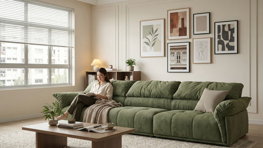 Modern living room with green sofa and curated gallery wall art pairing in a warm neutral interior design setting