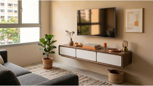 Wall-mounted TV shelf with wood finish and white drawers in a warm Singapore living room with natural light