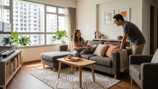 Couple in a Singapore HDB living room discussing whether to refresh or replace their sofa after living in the home for over 10 years