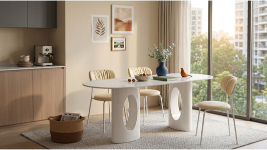 White marble-look engineered stone dining table with cream chairs in a bright Singapore dining area near condo windows