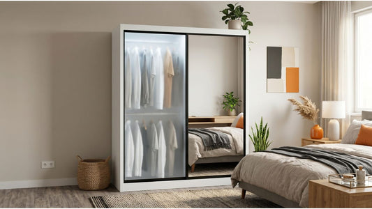 White sliding wardrobe with frosted and mirrored panels in a modern Singapore bedroom with space-saving storage