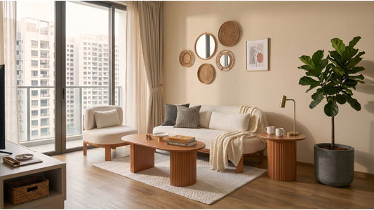 White sofa and lounge chair in a 1-bedroom condo living room with wooden coffee table, balcony window, and warm neutral styling
