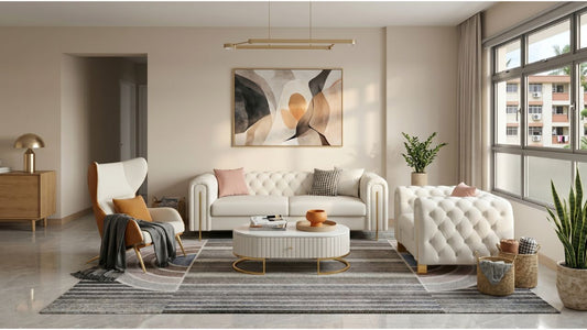 White tufted sofa set with accent chair and oval coffee table in a spacious 5-room HDB living room