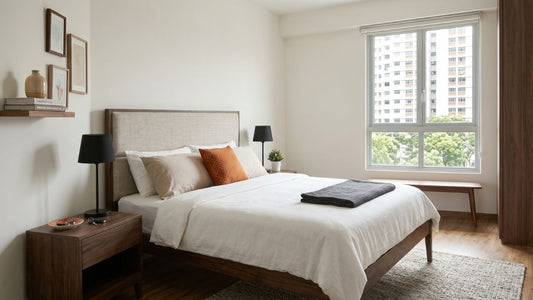 Wooden bed frame with upholstered headboard in a warm Singapore bedroom with matching bedside table, wardrobe, and natural daylight.