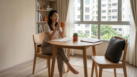 Wooden dining chair collection in a bright Singapore HDB dining room with a round wood table and compact chairs by the window