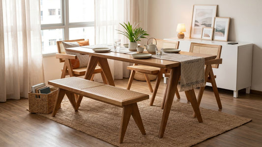 Wooden dining set with matching cane chairs and bench in a warm Singapore HDB dining room