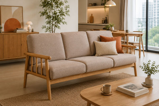 Wooden frame fabric sofa with natural wood legs in a bright HDB living room