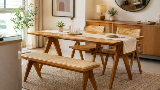 Wooden dining table and rattan bench in a bright Singapore home for wooden furniture care tips