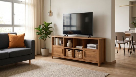 Wooden TV console with open storage in a modern Singapore living room, showing practical storage furniture materials for HDB and condo homes