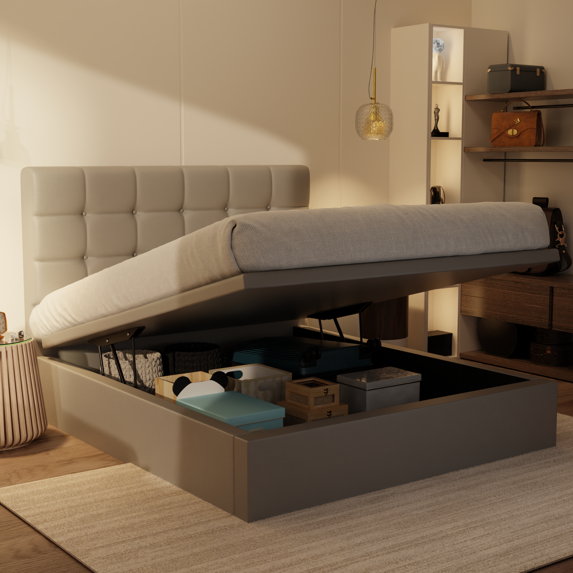 Mancine Genuine Leather Storage Bed (Gas Lift) by Esteller