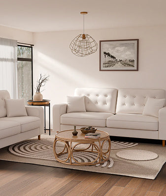 Modern living room with couch and coffee table.