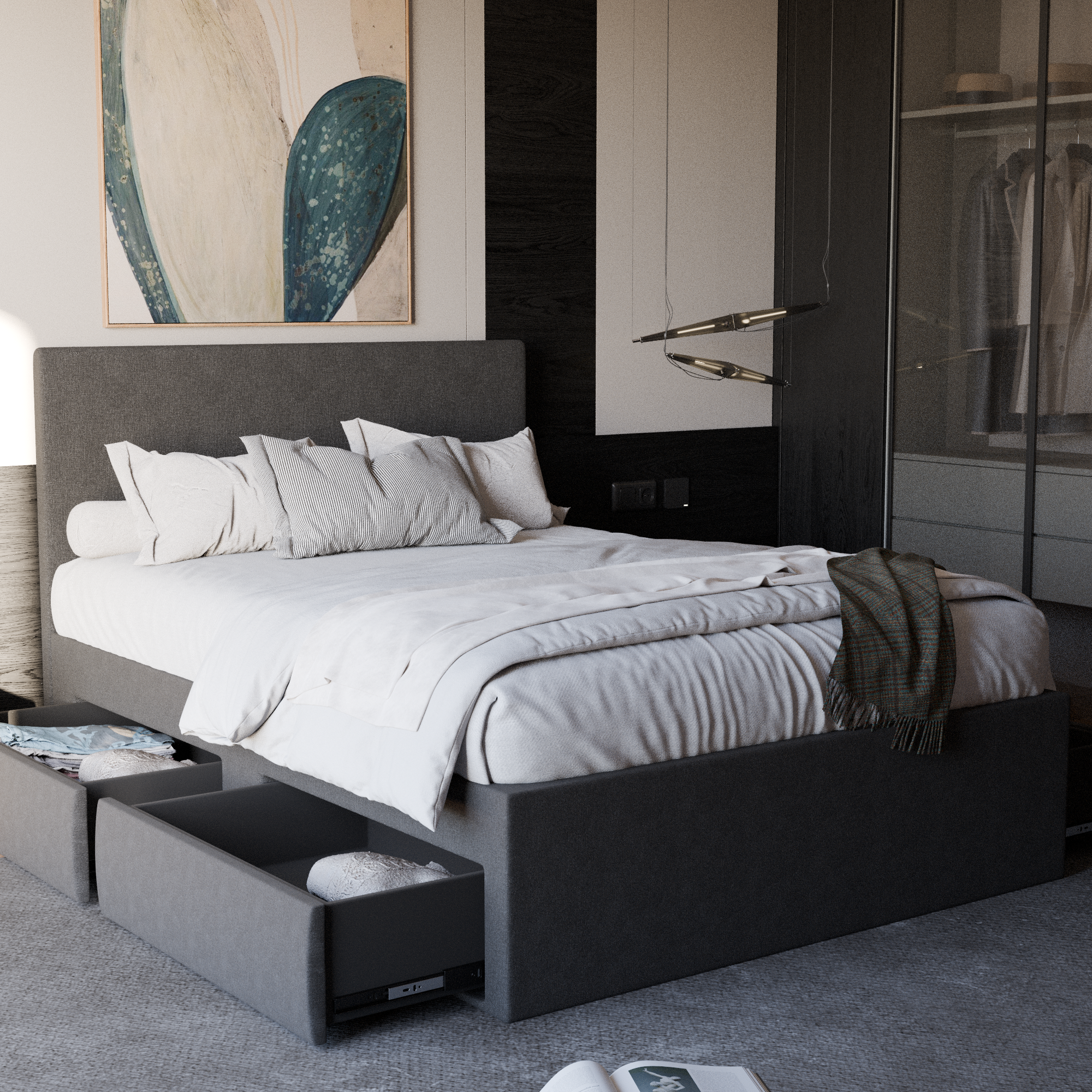 Manovel Grey Fabric Drawer Bed (Water Repellent)