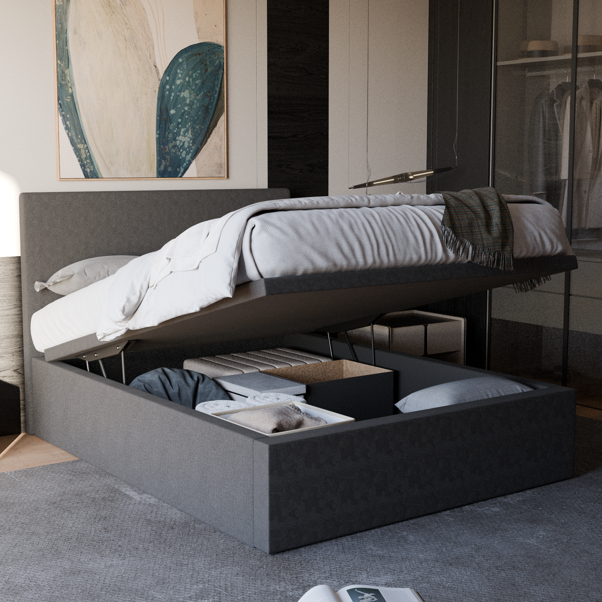 Manovel Grey Fabric Storage Bed (Water Repellent) + Somnuz® Comfy 10" Individual Pocketed Spring Mattress