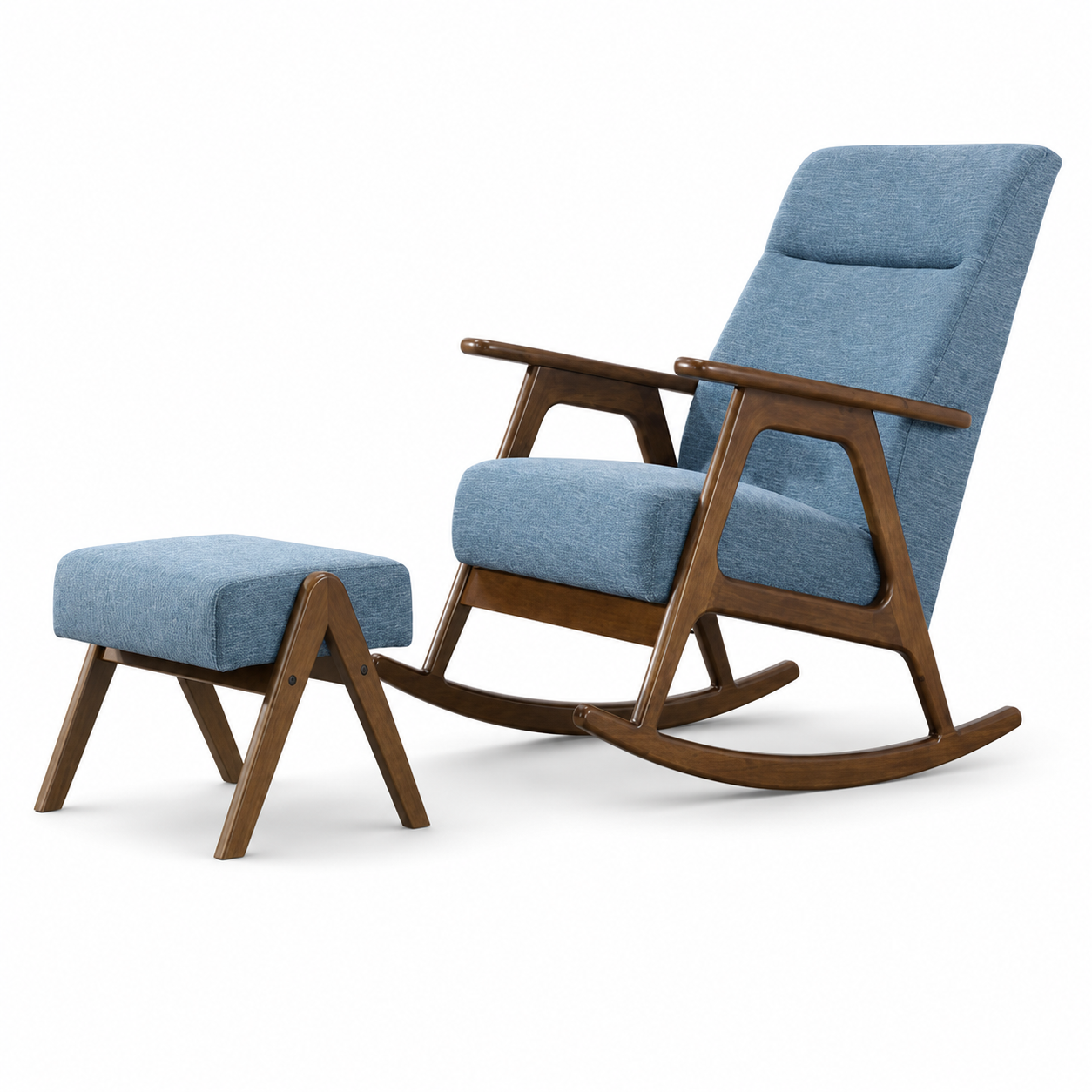 Tavreno Blue Fabric Wooden Rocking Chair with Foot Stool