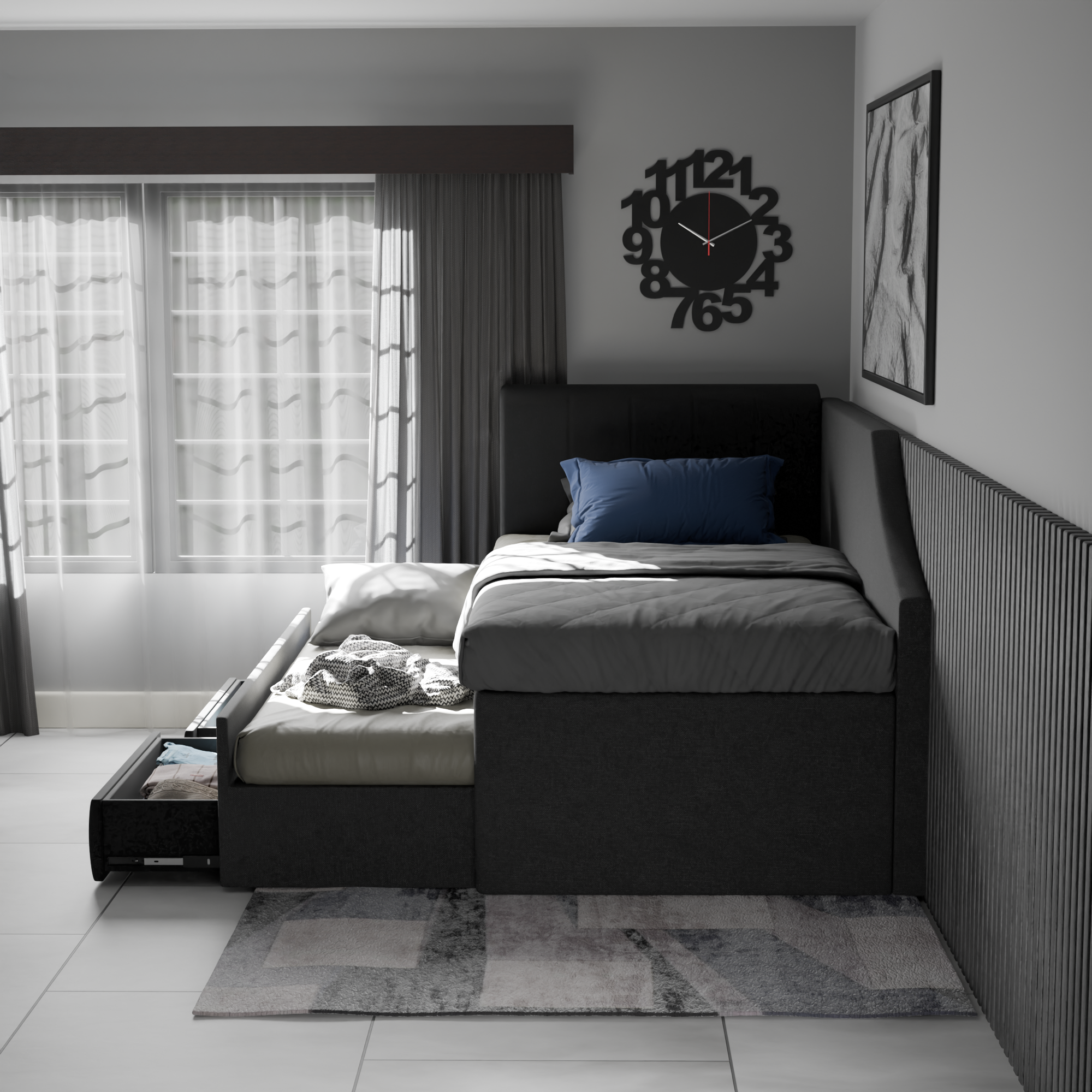 Devin 5-in-1 Fabric Pull-Out Bed Frame with Drawers