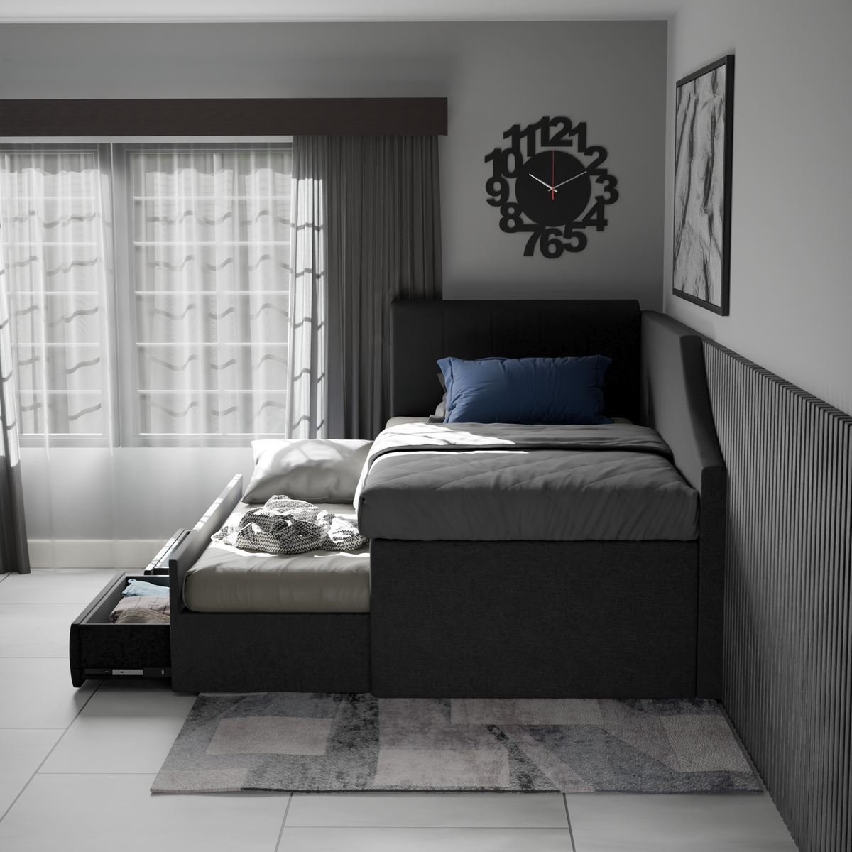 Devin 5-in-1 Fabric Pull-Out Bed Frame with Drawers
