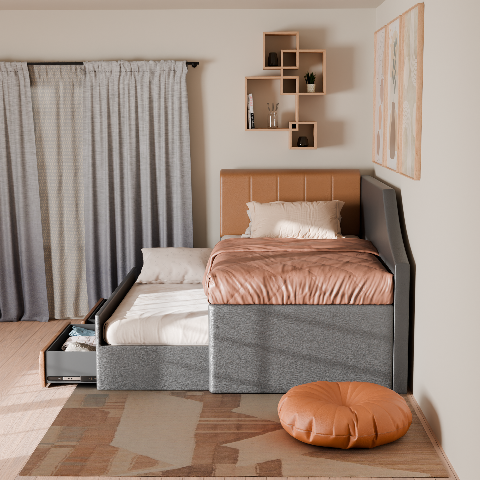 Devin 5-in-1 Faux Leather Pull-Out Bed Frame with Drawers